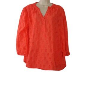 MIRA Womens Pineapple Eyelet Peasant Top Coral Orange L New